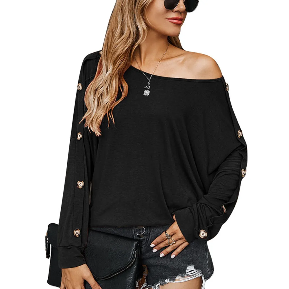 Pure Color Long Sleeve T Shirt Women Loose Casual Stylish Crewneck Button Decor Blouse Tops for Daily Work Black L