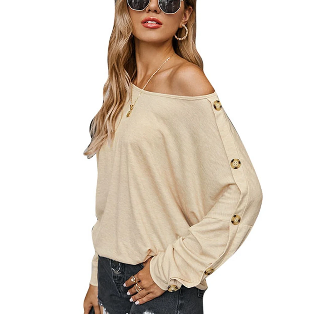 Pure Color Long Sleeve T Shirt Women Loose Casual Stylish Crewneck Button Decor Blouse Tops for Daily Work Apricot M