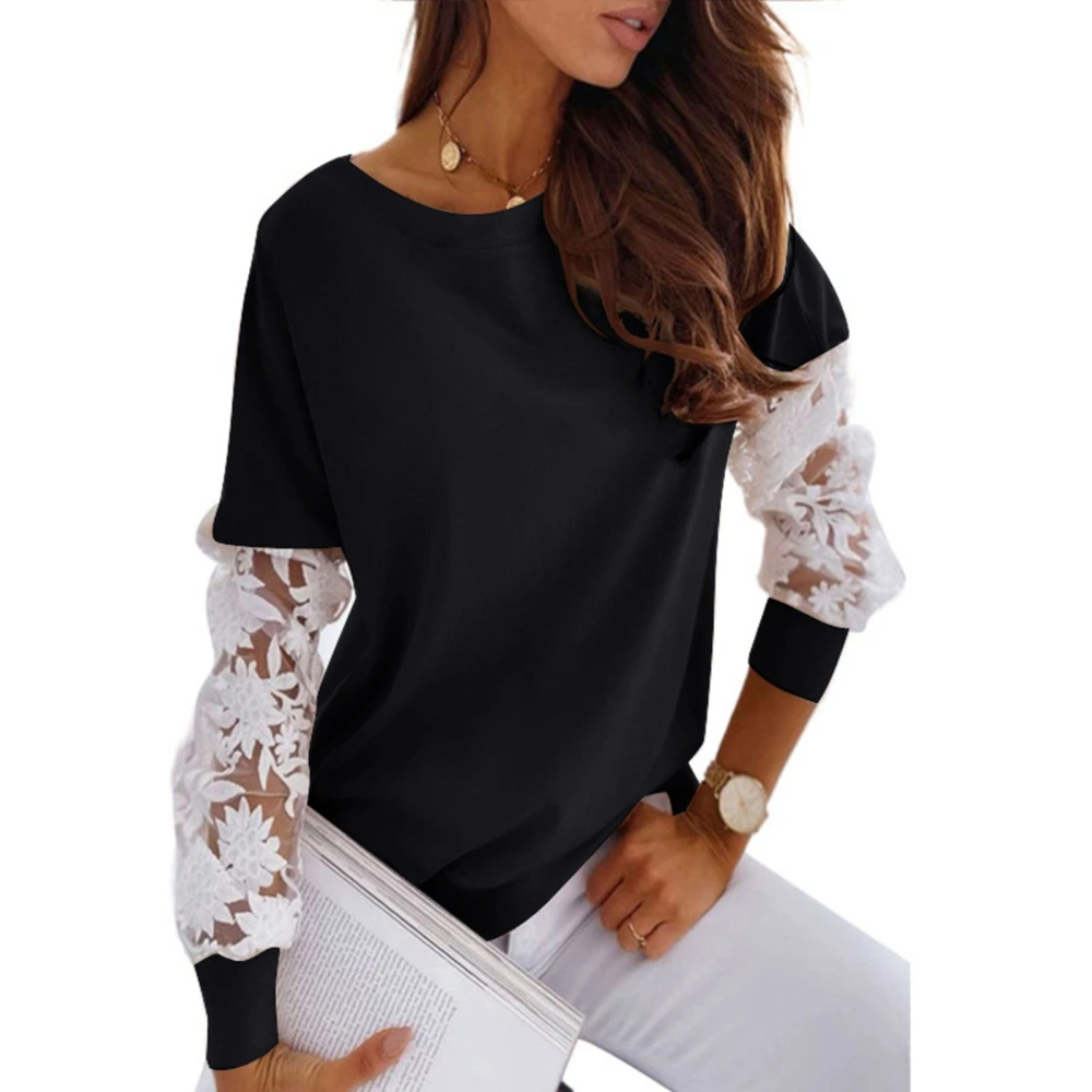 Women Blouse Polyester Fiber Long Sleeve Lace Loose One Off Shoulder Female T Shirt for Office Dating Black XL