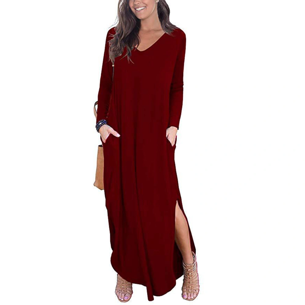 Dress Long Sleeve Side Slit V Neck Pocket Irregular Hem Pure Color Maxi Dress for Women Wine Red M