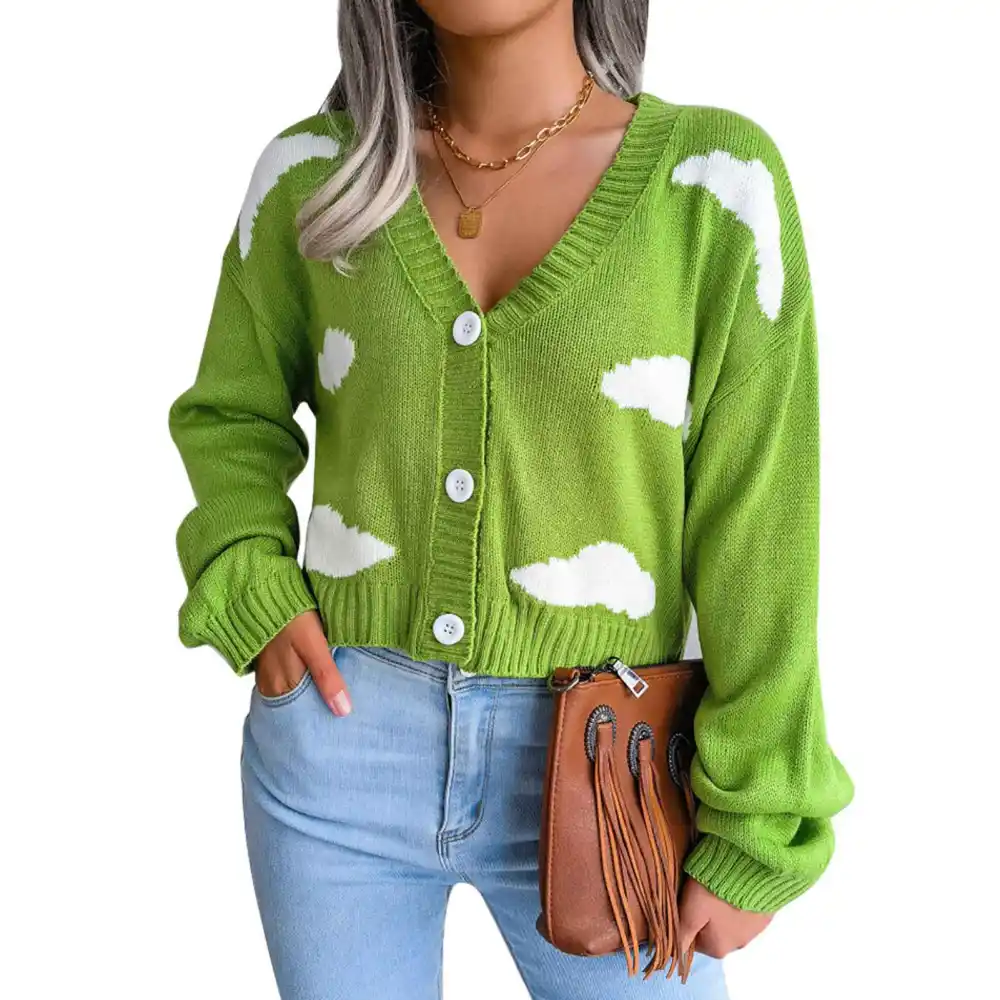 Women Cardigan Sweaters Fashionable White Cloud Pattern Loose Long Sleeve V Neck Cardigan Tops for Autumn Green S