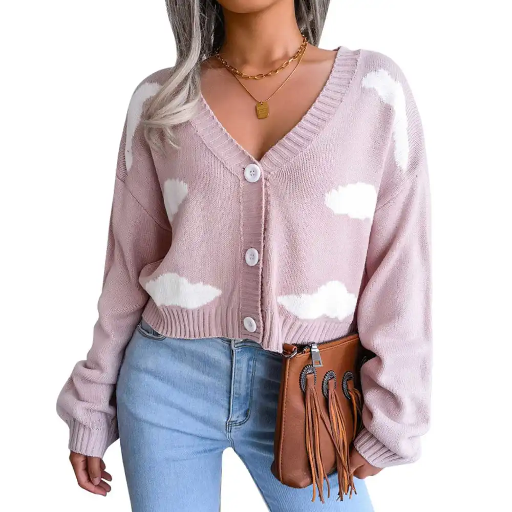 Women Cardigan Sweaters Fashionable White Cloud Pattern Loose Long Sleeve V Neck Cardigan Tops for Autumn Pink L