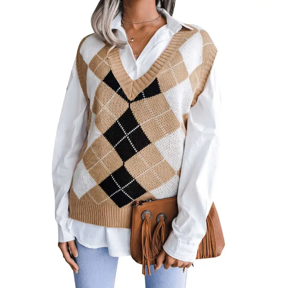 Womens Sleeveless Sweater Vest V Neck Plaid Loose Casual Stylish Skin Friendly Pullover Sweater Vest for Fall and Winter Khaki S