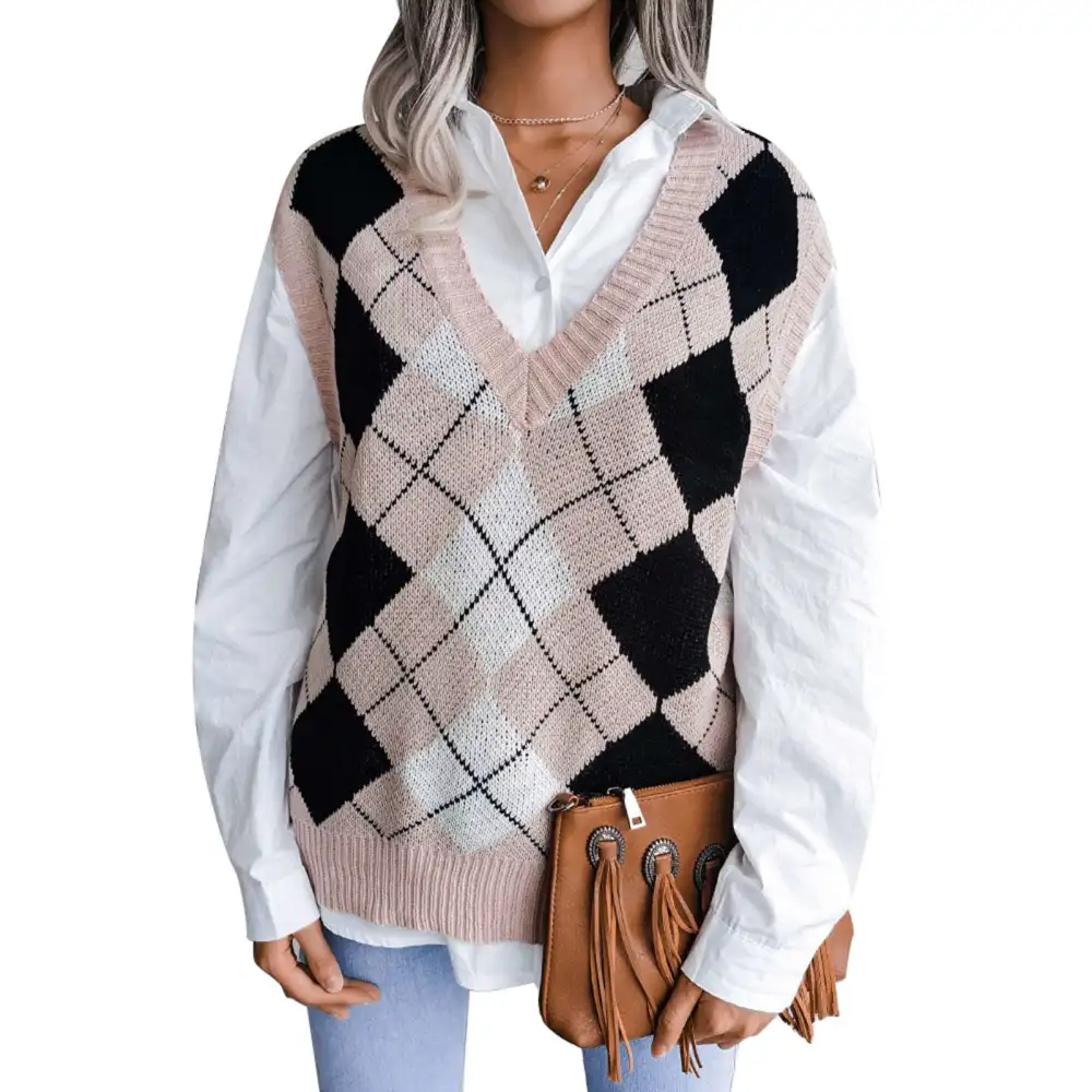 Womens Sleeveless Sweater Vest V Neck Plaid Loose Casual Stylish Skin Friendly Pullover Sweater Vest for Fall and Winter Pink M