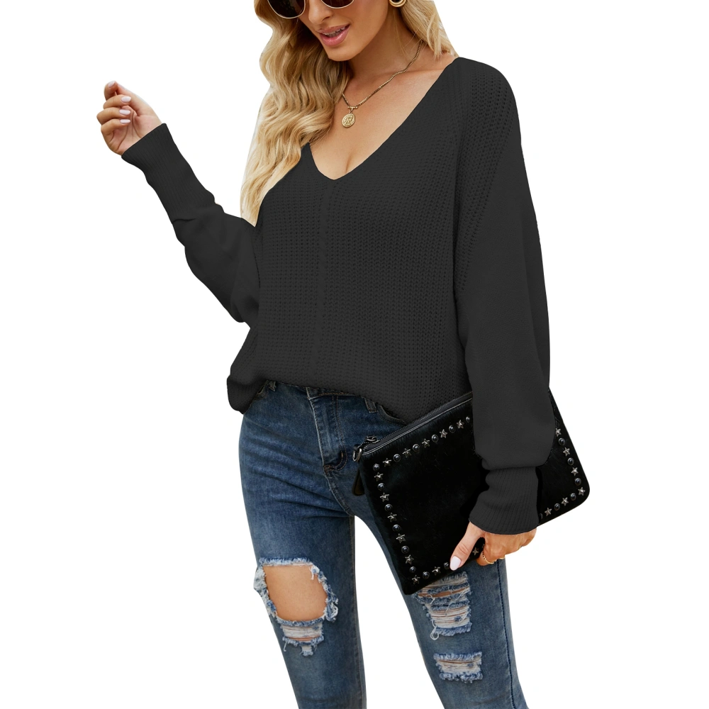 Women V Neck Knit Sweater One Shoulder Long Sleeve Loose Fitting Casual Pullover Sweater Black S