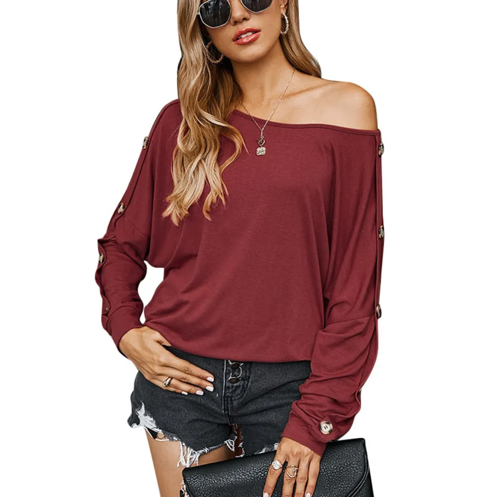 Pure Color Long Sleeve T Shirt Women Loose Casual Stylish Crewneck Button Decor Blouse Tops for Daily Work Burgundy S