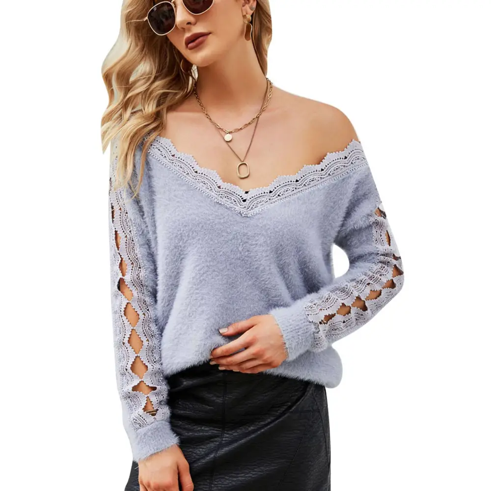 Women Off Shoulder V Neck Sweater Long Sleeve Pure Color Lace Pullover Sweater for Winter Gray XL