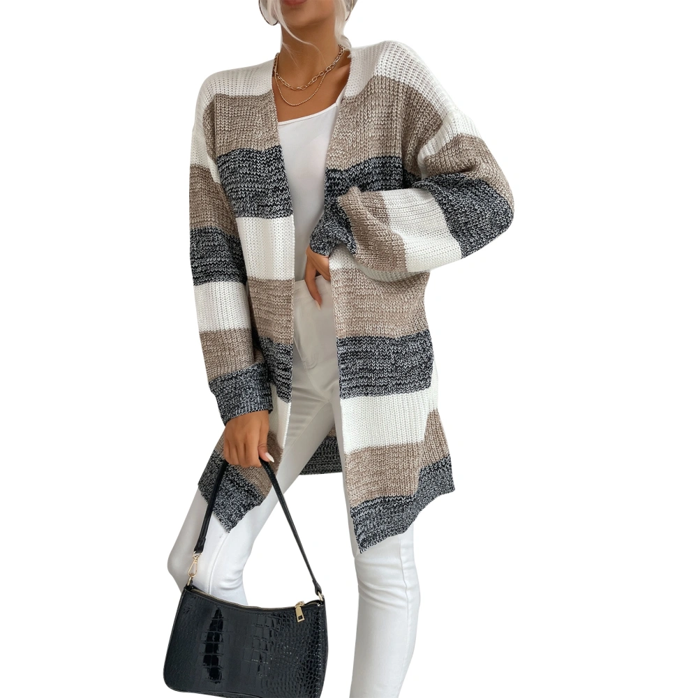 Women Long Sleeve Cardigan Fashionable Casual Striped Color Block Loose Women Knit Sweater Coat for Autumn Winter Gray White S