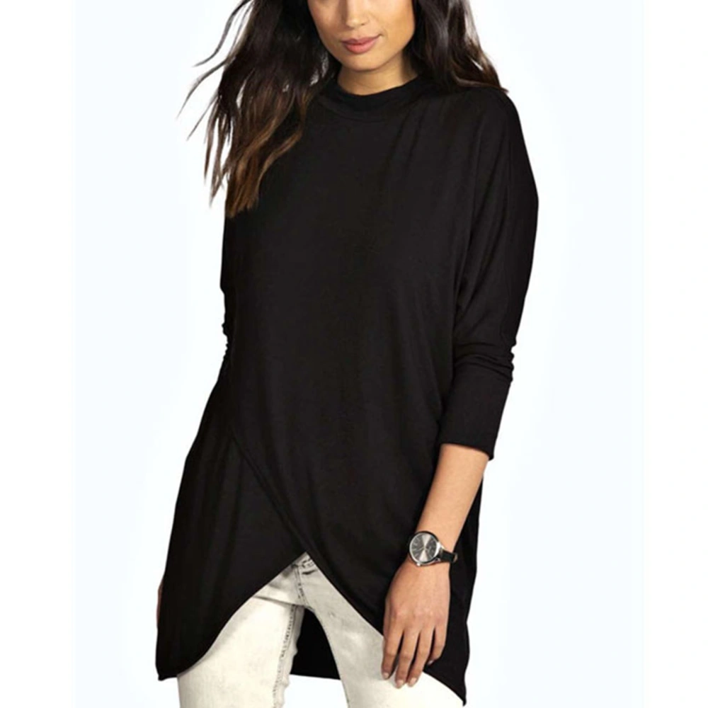 Women Long Blouse Polyester Fiber Round Neck Irregular Pure Color Women Long Sleeve Tunic Tops for Daily Work Black M