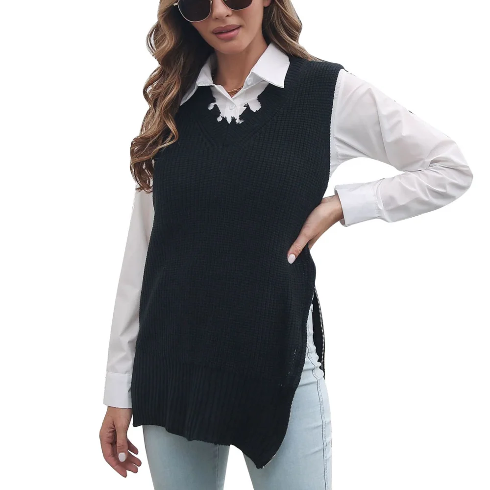 Women Vest Knitted Zipper Split Hem V Neck Pure Color Loose Casual Sleeveless Sweater for Winter Fall Black M