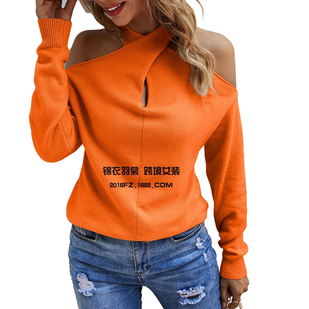 Women V Neck Sweater Cold Shoulder Sweater Casual Drop Shoulder Sweater Loose Knit Long Sleeve Pullover Orange XL