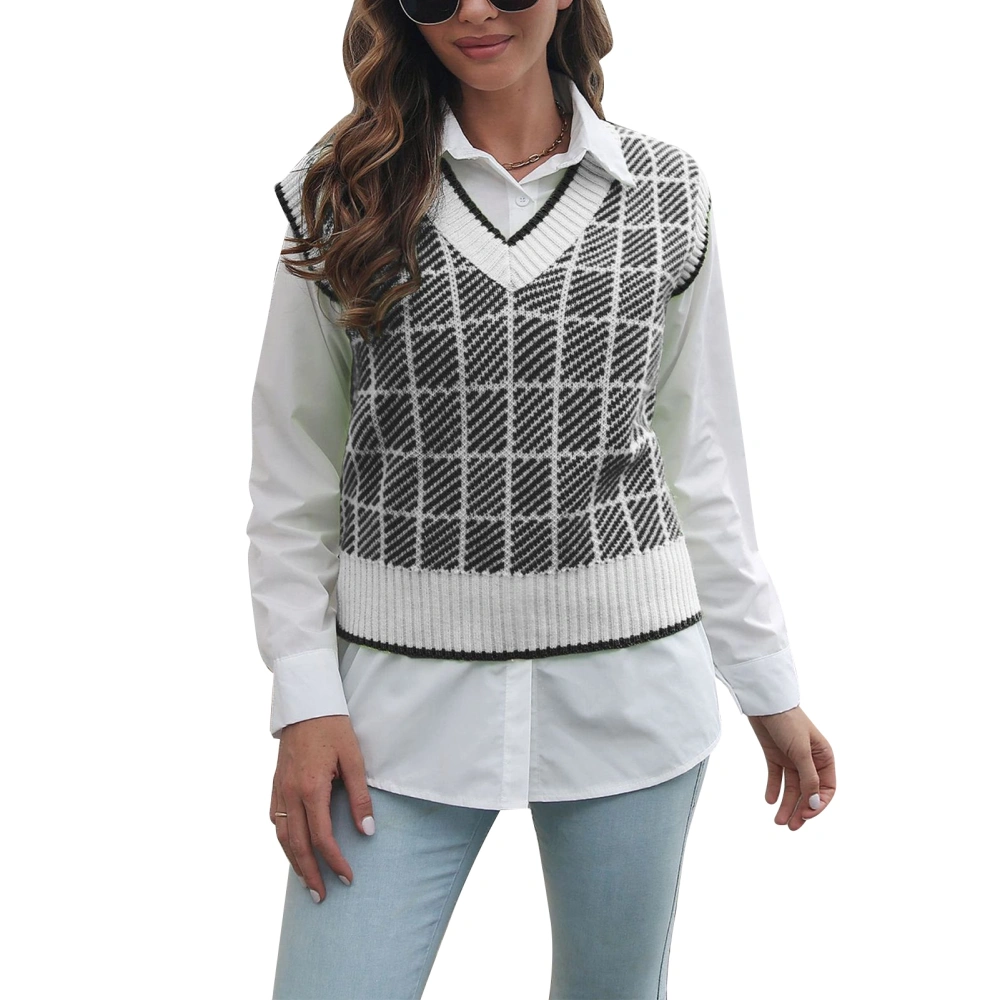 Women Sweater Vest V Neck Knitted Plaid Pullover Sleeveless Sweater for Dating Work Shopping Black S