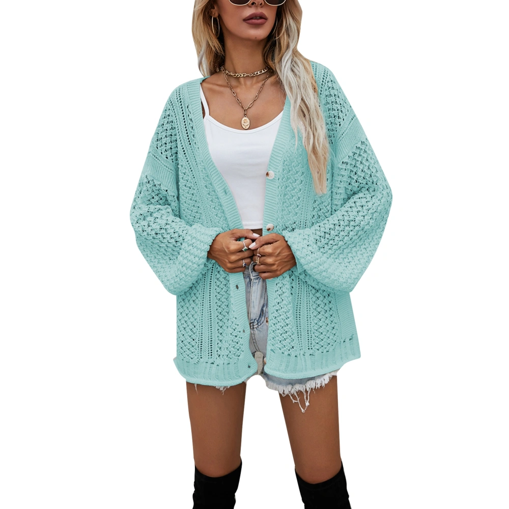 Knit Cardigan Sweater Hollow Out V Neck Long Sleeve Single Breasted Pure Color Overcoat for Women Green M