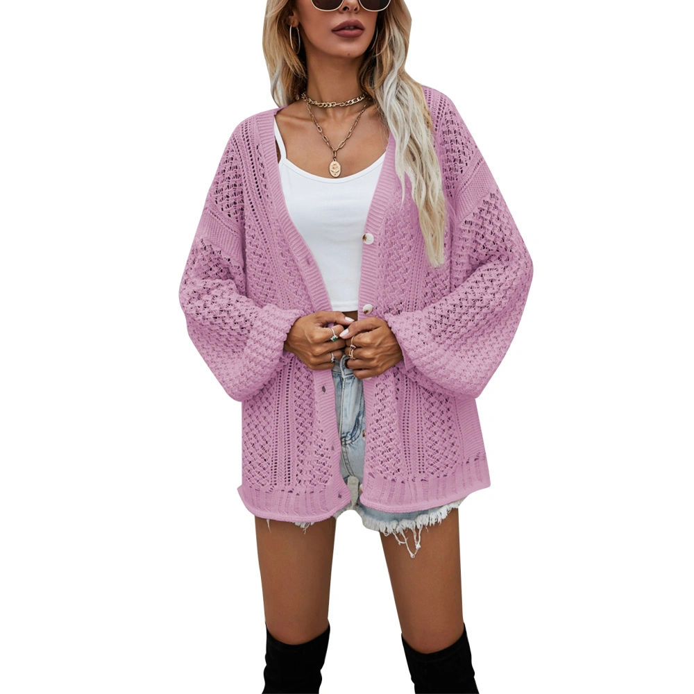 Knit Cardigan Sweater Hollow Out V Neck Long Sleeve Single Breasted Pure Color Overcoat for Women Rose Red XL