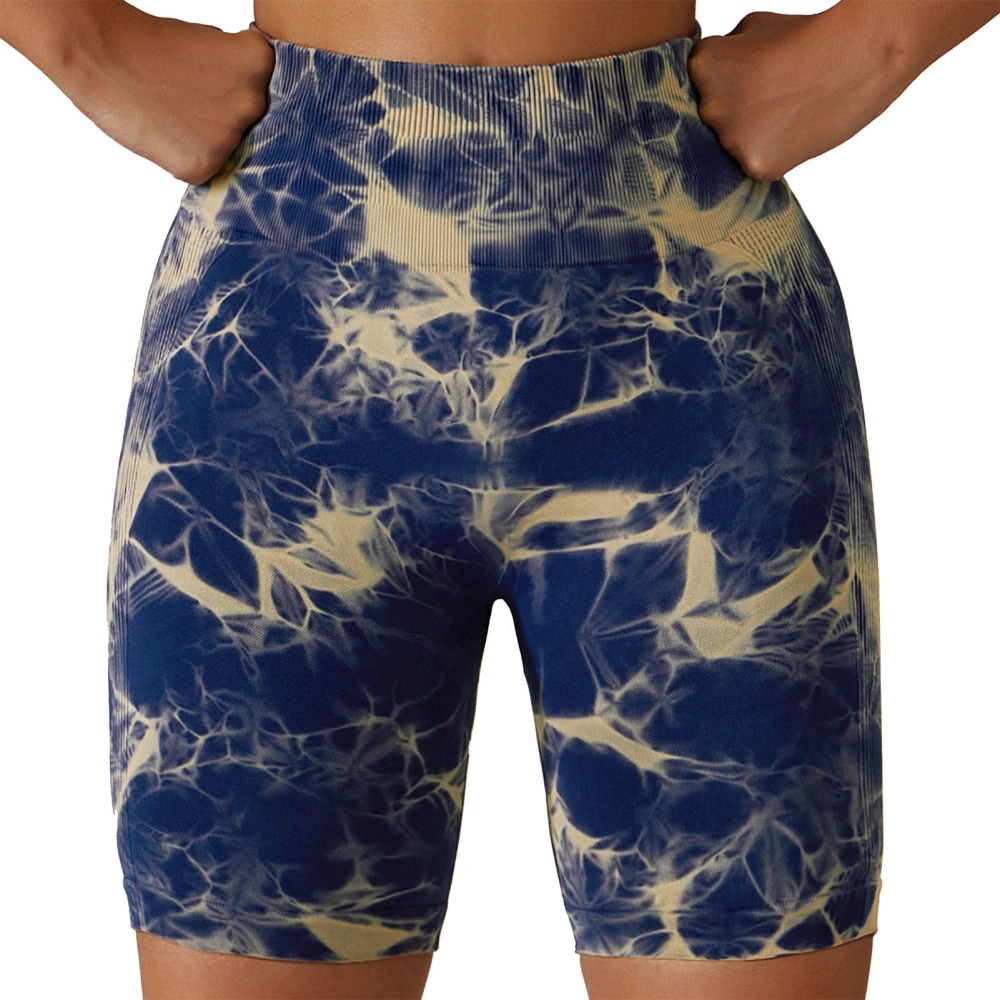 Women Yoga Shorts Tie Dye Seamless Stretchy Women Butt Lifting High Waisted Yoga Shorts for Sports Running Fitness Blue L