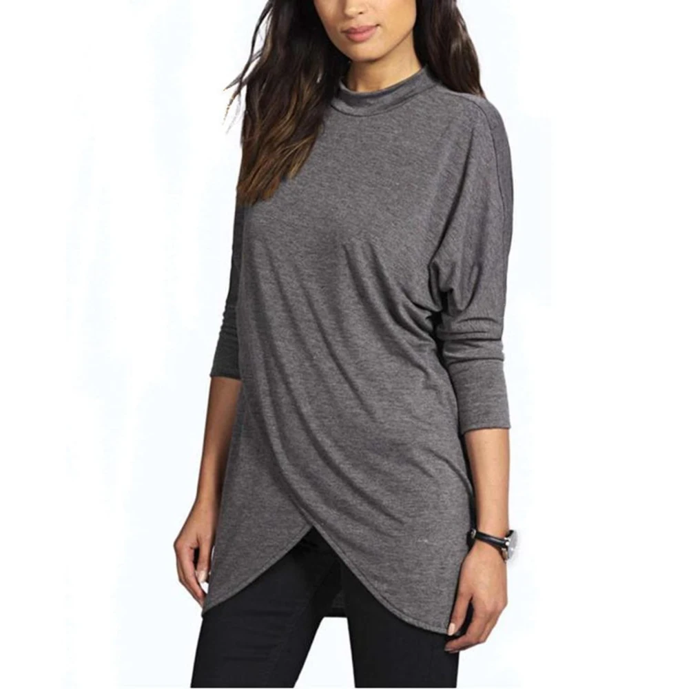 Women Long Blouse Polyester Fiber Round Neck Irregular Pure Color Women Long Sleeve Tunic Tops for Daily Work Dark Gray M