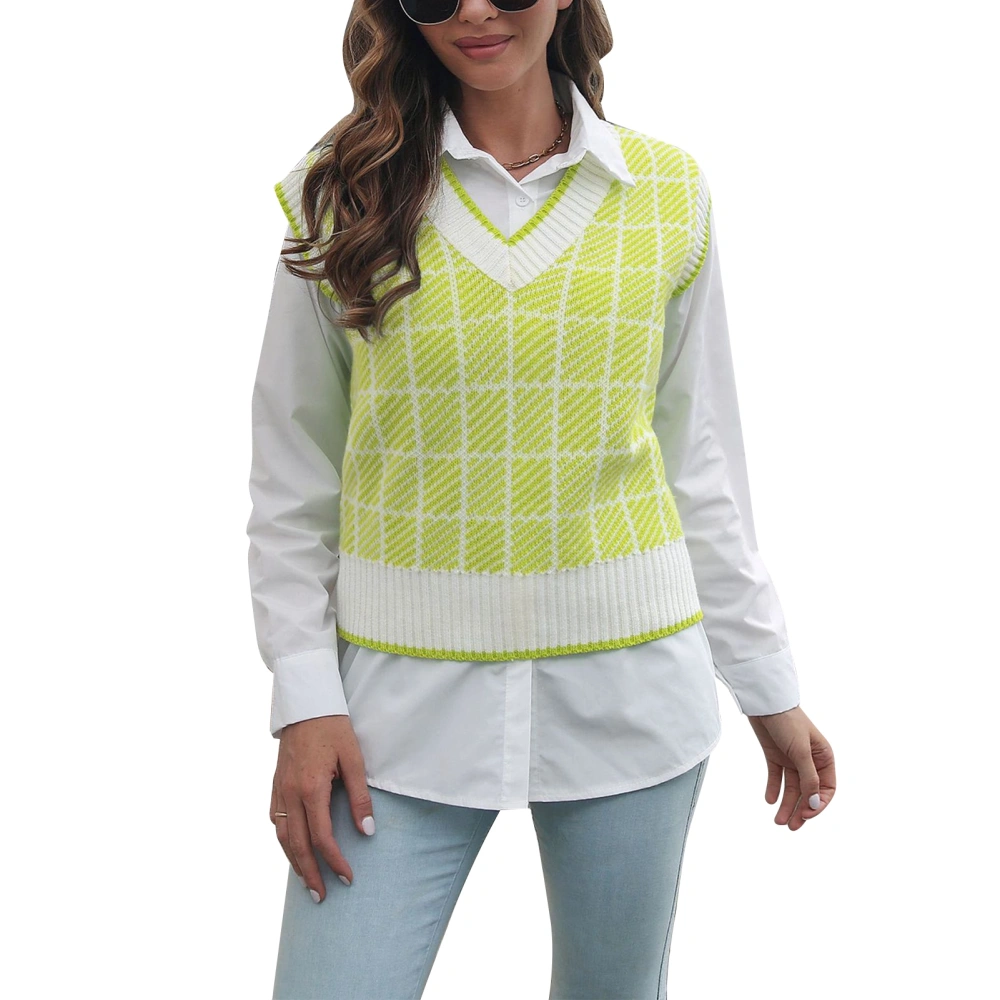 Women Sweater Vest V Neck Knitted Plaid Pullover Sleeveless Sweater for Dating Work Shopping Yellow Green S