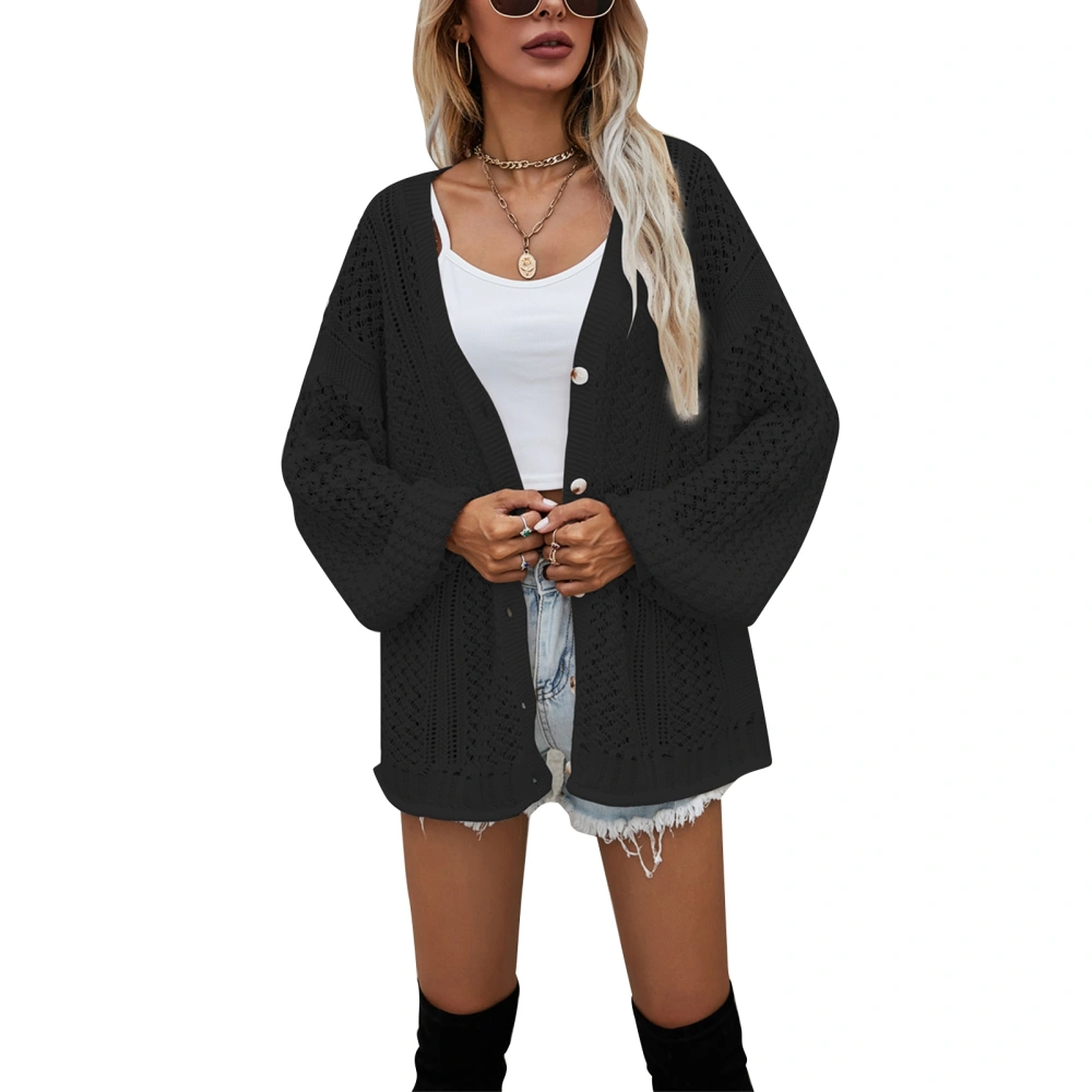 Knit Cardigan Sweater Hollow Out V Neck Long Sleeve Single Breasted Pure Color Overcoat for Women Black S