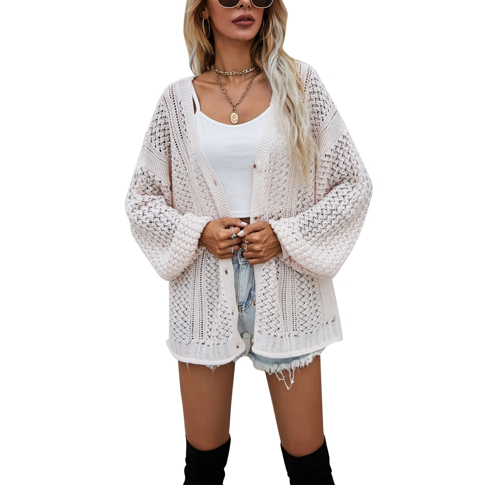 Knit Cardigan Sweater Hollow Out V Neck Long Sleeve Single Breasted Pure Color Overcoat for Women Apricot S