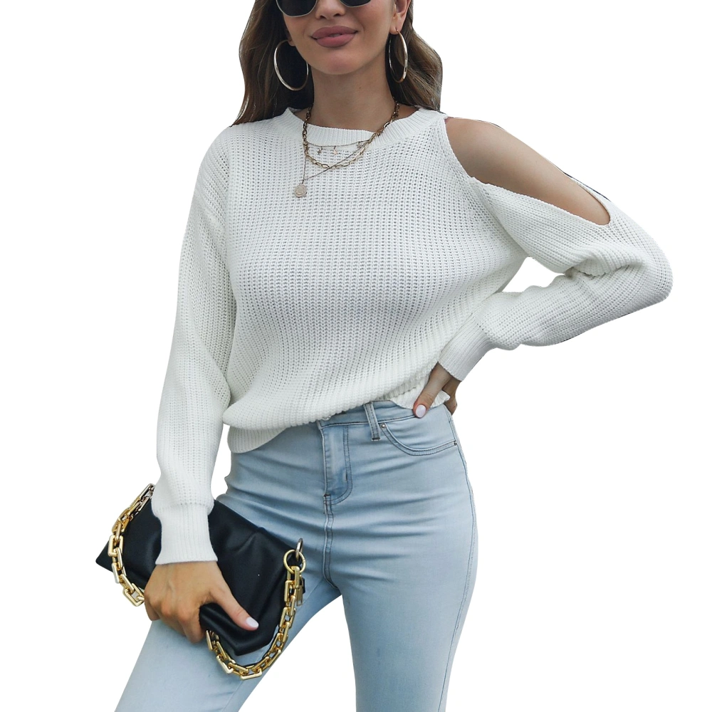 Knitted Sweater Long Sleeve One Shoulder Round Neck Pure Color Casual Sweater for Women White S