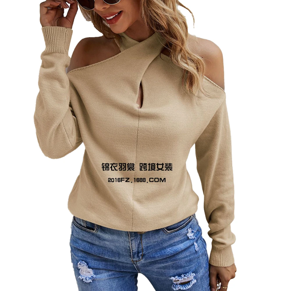 Women V Neck Sweater Cold Shoulder Sweater Casual Drop Shoulder Sweater Loose Knit Long Sleeve Pullover Khaki L