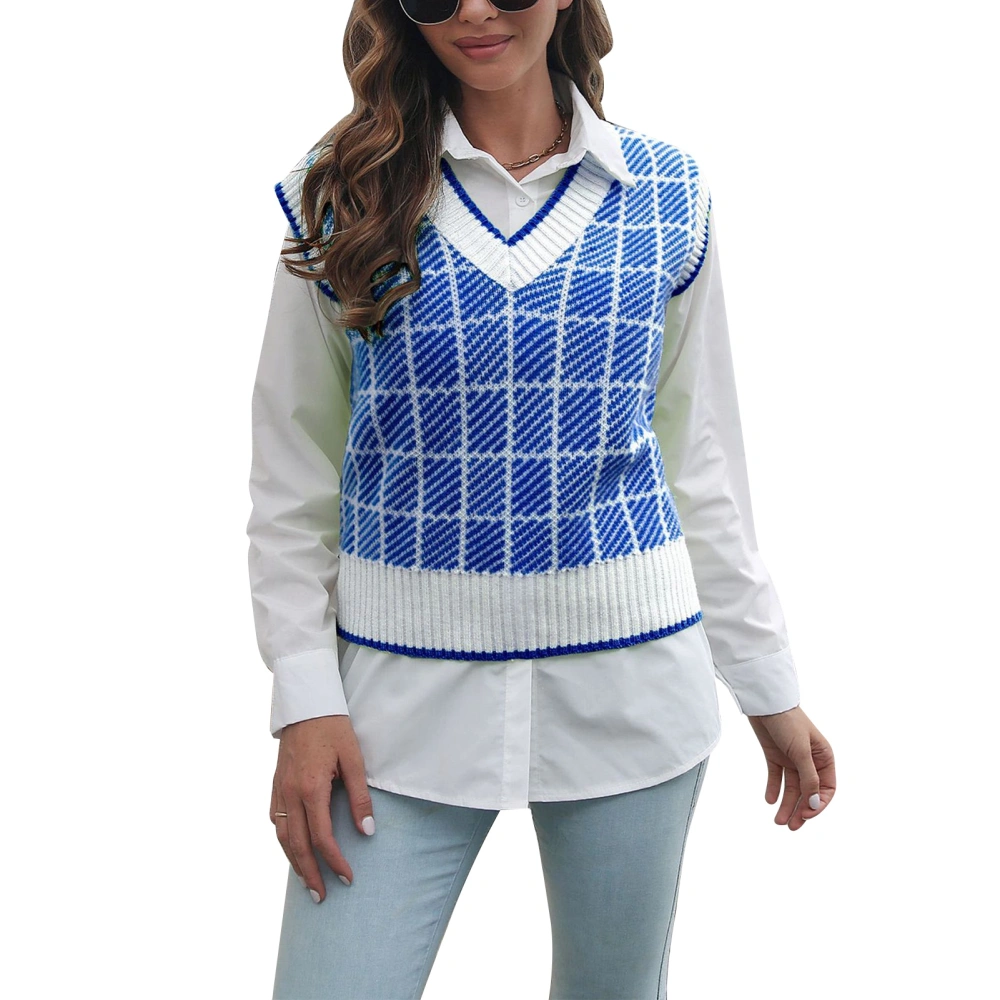 Women Sweater Vest V Neck Knitted Plaid Pullover Sleeveless Sweater for Dating Work Shopping Blue M