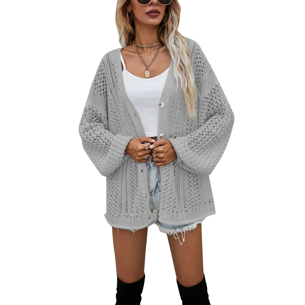 Knit Cardigan Sweater Hollow Out V Neck Long Sleeve Single Breasted Pure Color Overcoat for Women Grey S