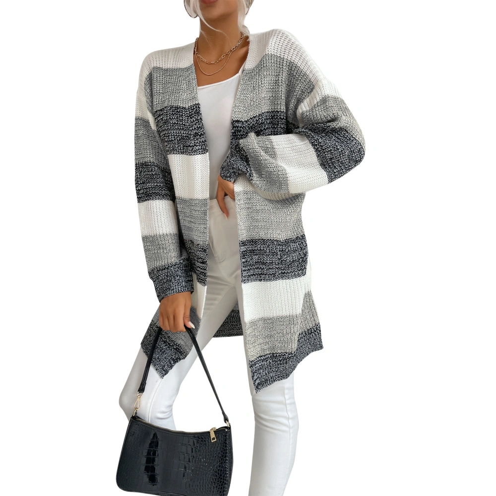 Women Long Sleeve Cardigan Fashionable Casual Striped Color Block Loose Women Knit Sweater Coat for Autumn Winter Grey M