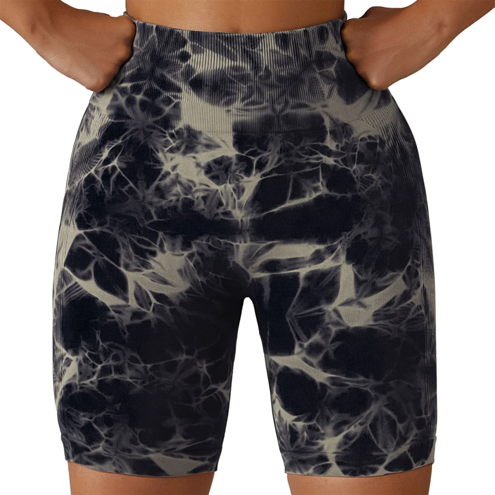 Women Yoga Shorts Tie Dye Seamless Stretchy Women Butt Lifting High Waisted Yoga Shorts for Sports Running Fitness Coal Black M