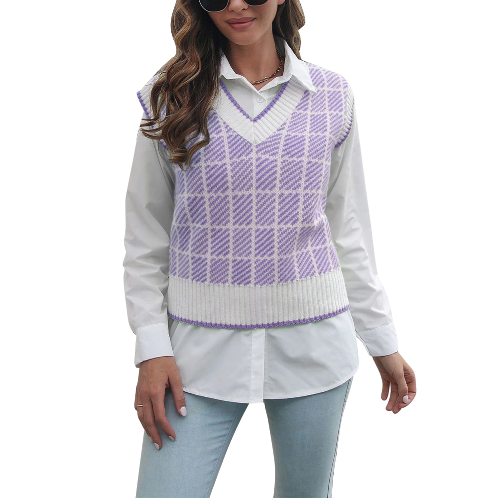 Women Sweater Vest V Neck Knitted Plaid Pullover Sleeveless Sweater for Dating Work Shopping Purple L