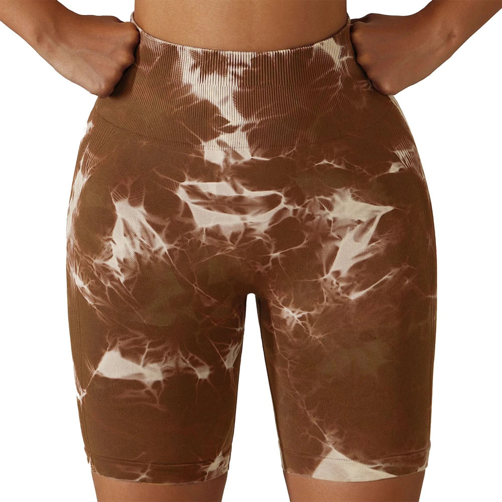 Women Yoga Shorts Tie Dye Seamless Stretchy Women Butt Lifting High Waisted Yoga Shorts for Sports Running Fitness Mocha Color L