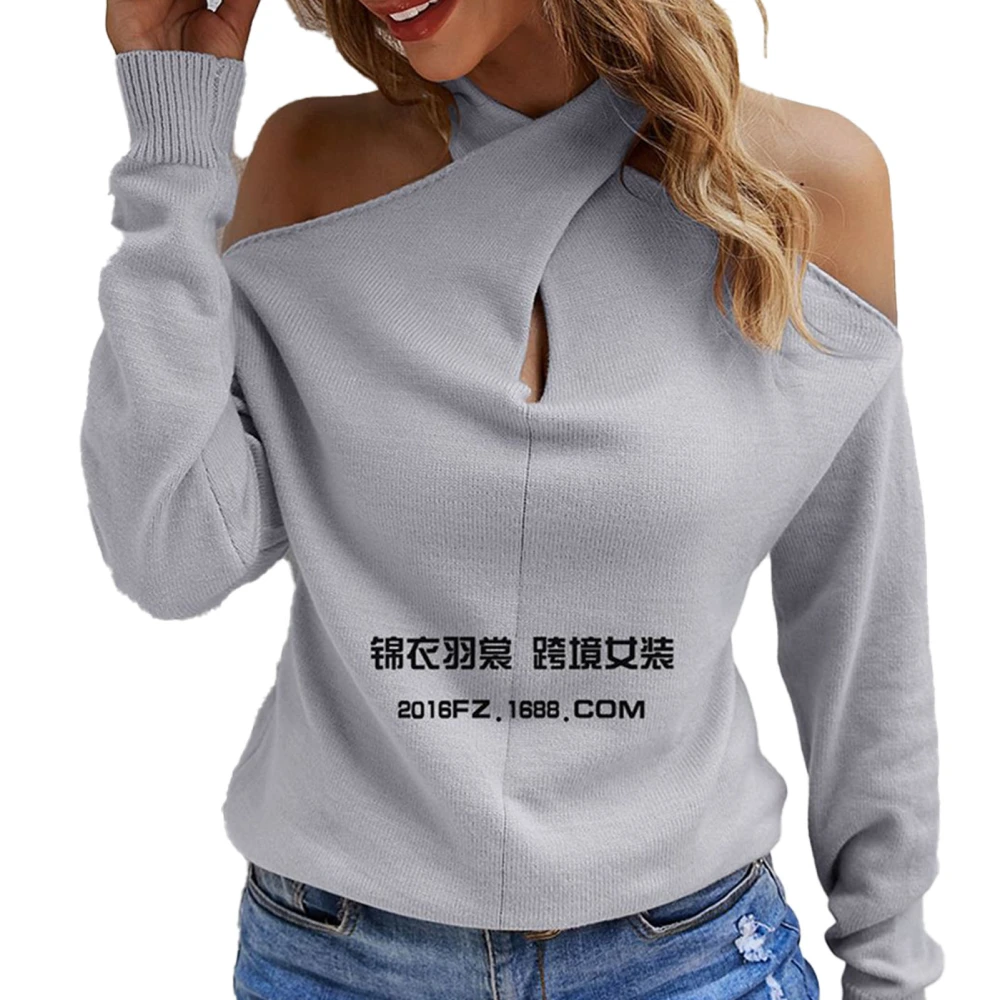 Women V Neck Sweater Cold Shoulder Sweater Casual Drop Shoulder Sweater Loose Knit Long Sleeve Pullover Grey XL