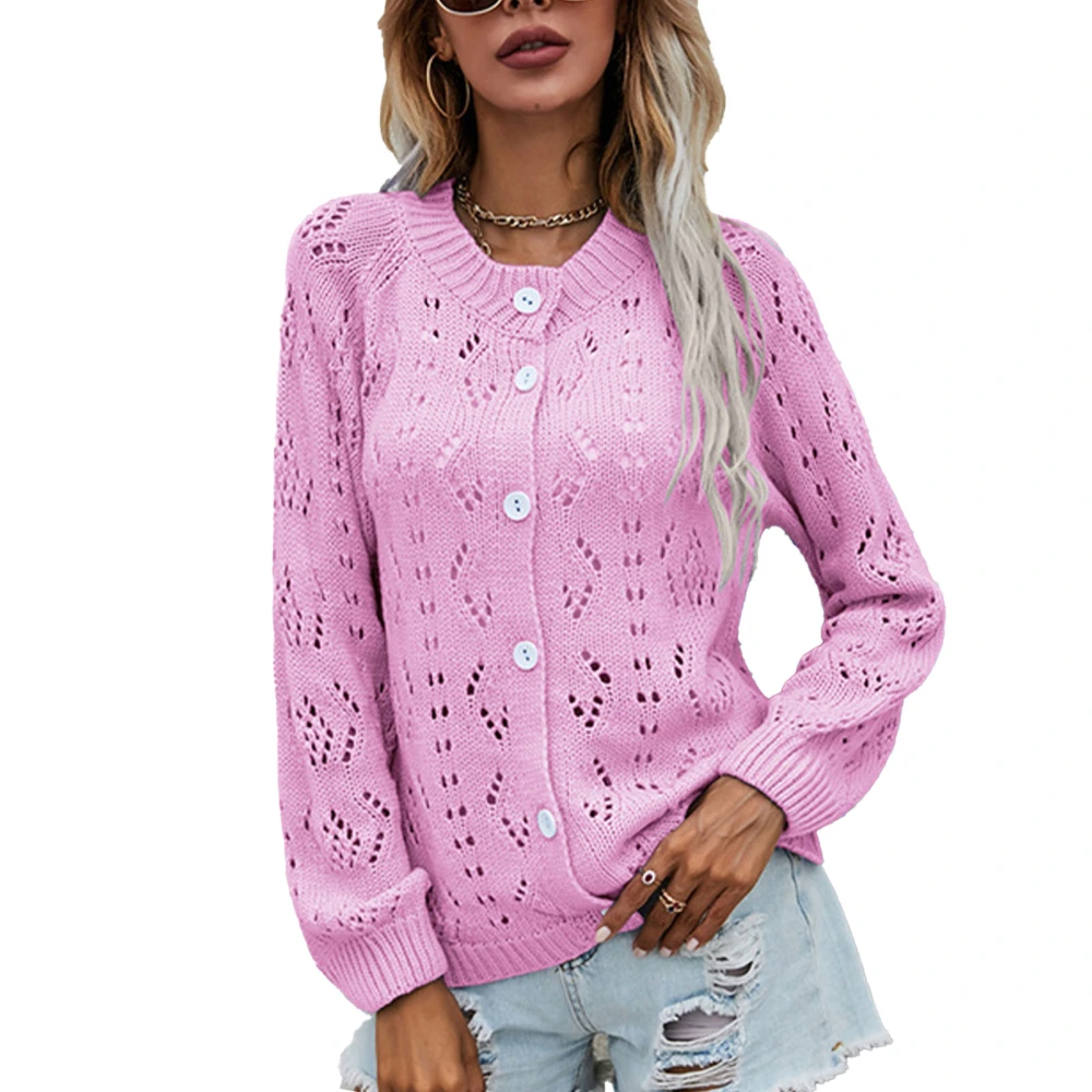 Women Round Neck Knit Cardigan Open Front Hollow Out Sweater Long Sleeve Loose Pure Color Sweater Coat Outwear Pink M