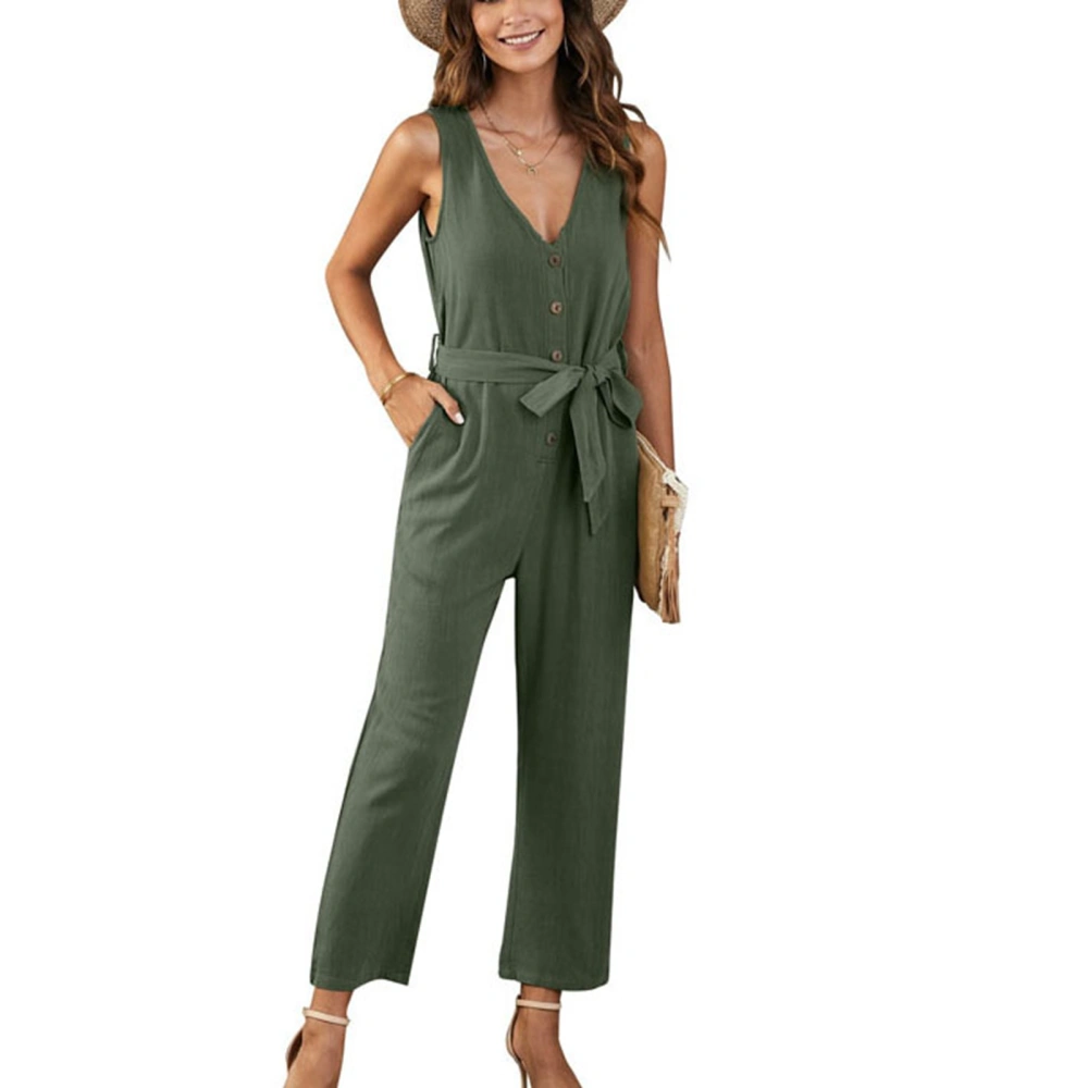 Women Deep V Neck Button Belted Jumpsuit Pure Color Fashionable Slimming Women Sleeveless Jumpsuit for Summer Green XXL