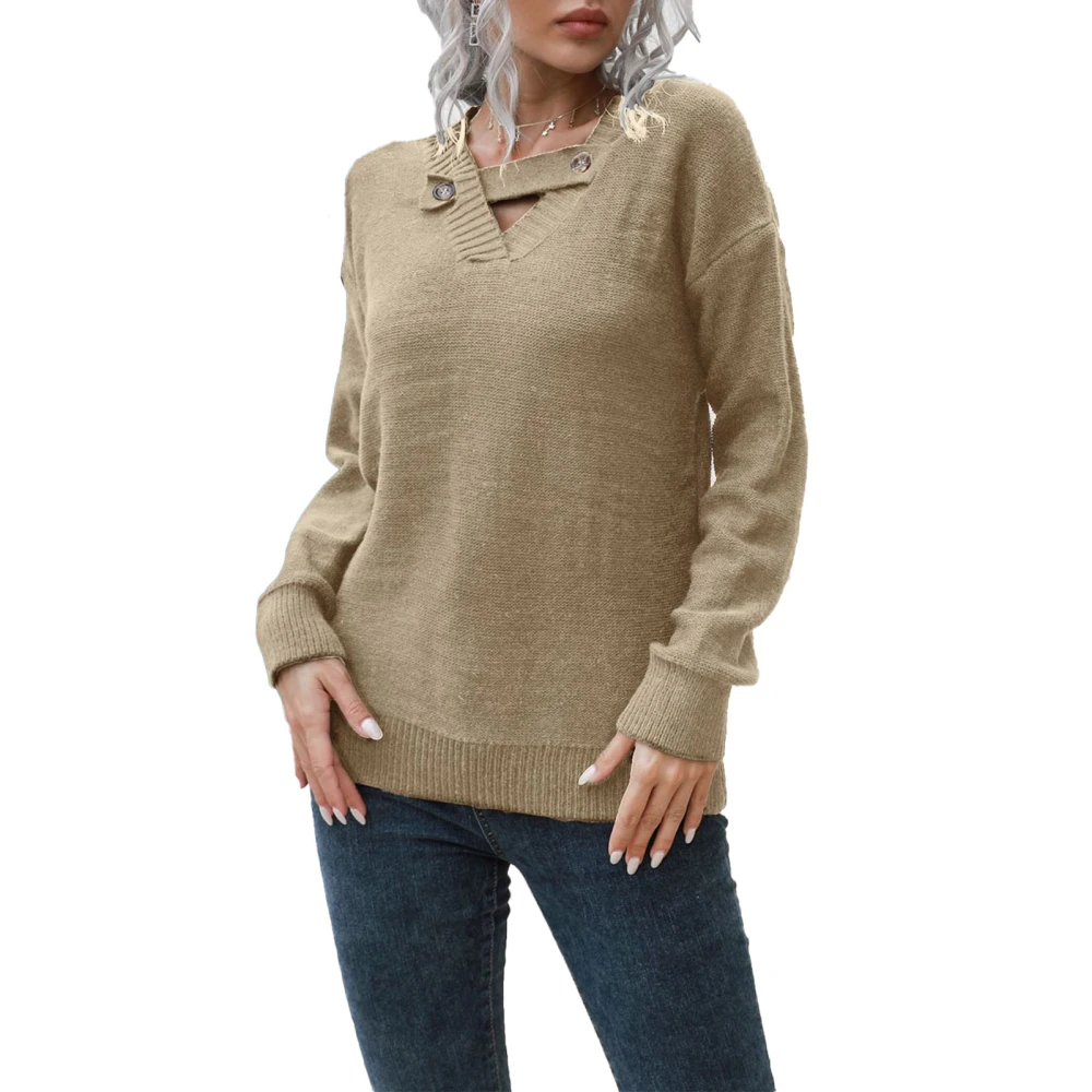 Sweater Long Sleeve V Neck Button Pure Color Comfortable Casual Knitted Sweater for Women Dark Khaki S