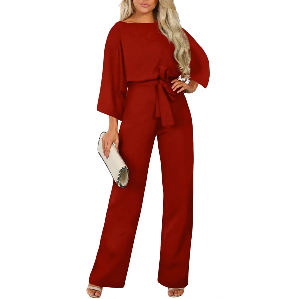 Wide Leg Romper Pure Color Three Quarter Sleeves with Belt High Waisted Jumpsuit for Autumn Women Red XL