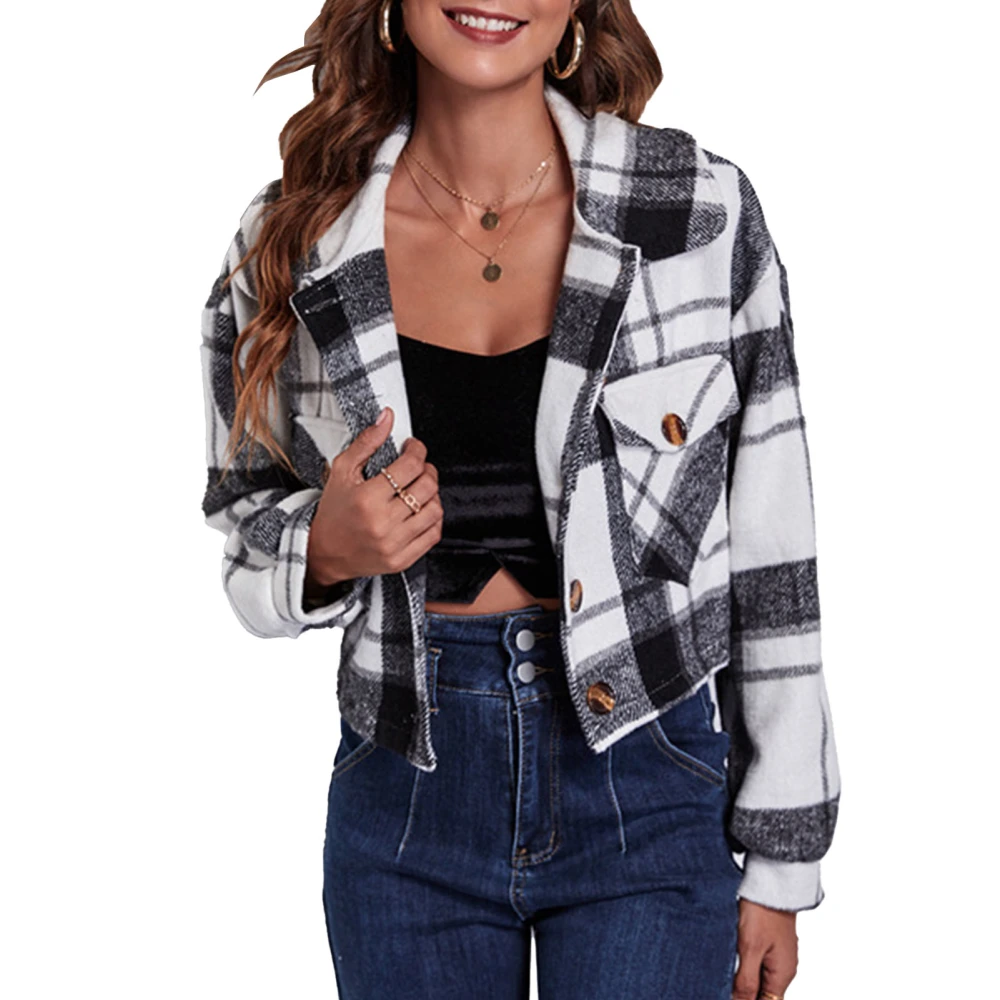 Short Jacket Coat Puff Long Sleeve Plaid Pocket Fashionable Casual Tops for Women Black and White Plaid L