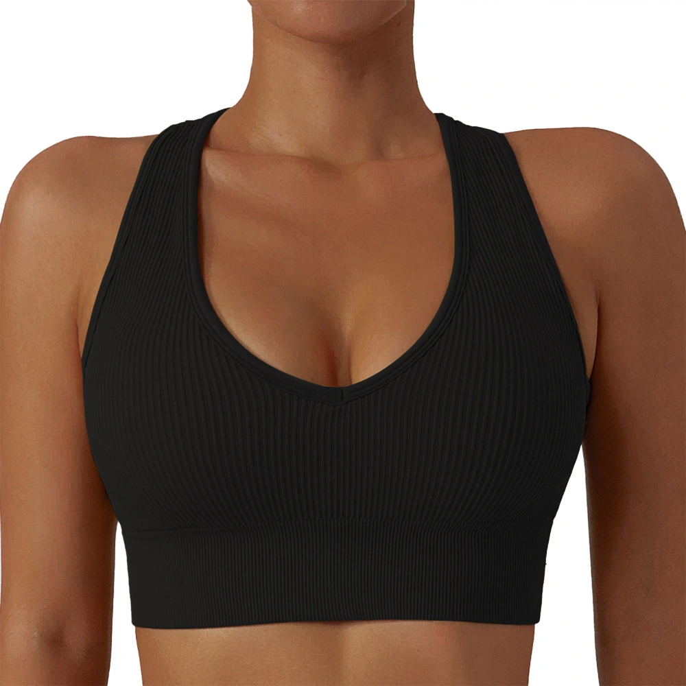 Sports Bra U Neck Push Up Breathable Seamless Sweat Absorbing Impact Resistant Athletic Top Black M