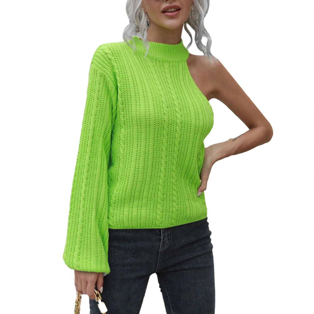 Women One Shoulder Sweater Crewneck Solid Color Casual One Shoulder Long Lantern Sleeve Knit Sweater Top Green M