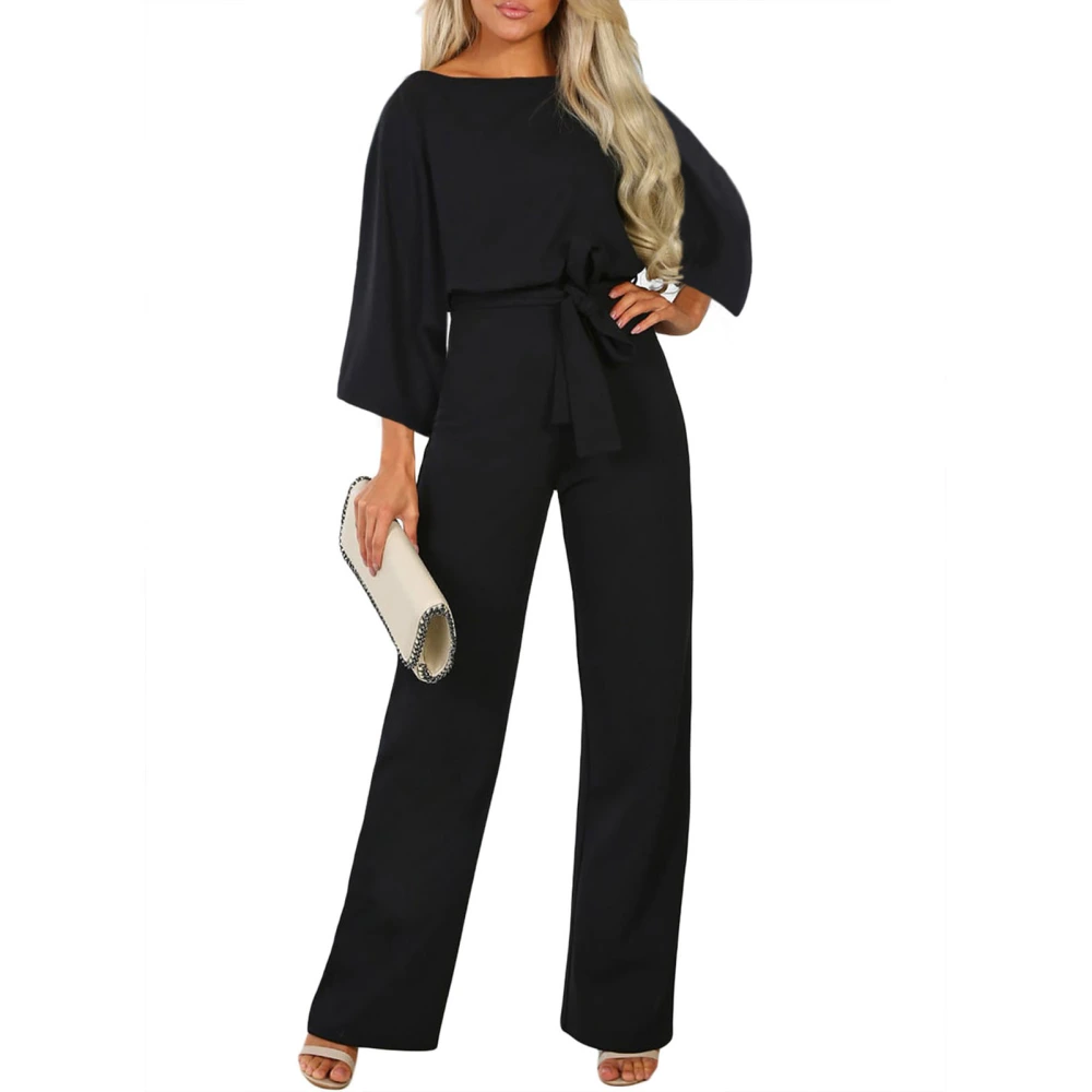 Wide Leg Romper Pure Color Three Quarter Sleeves with Belt High Waisted Jumpsuit for Autumn Women Black S