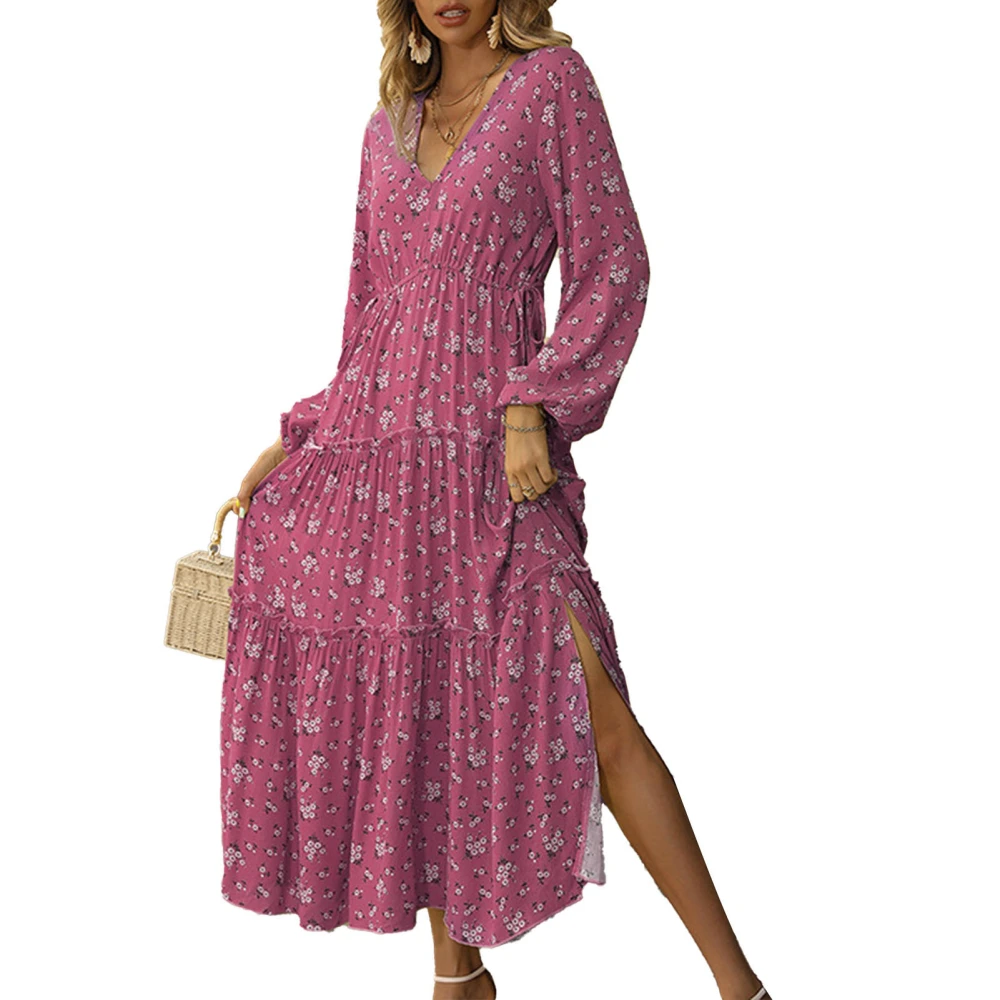 Women Long Dress V Neck Flounce High Waist Long Lantern Sleeve Left Side Slit Floral Dress for Daily Party Purple L