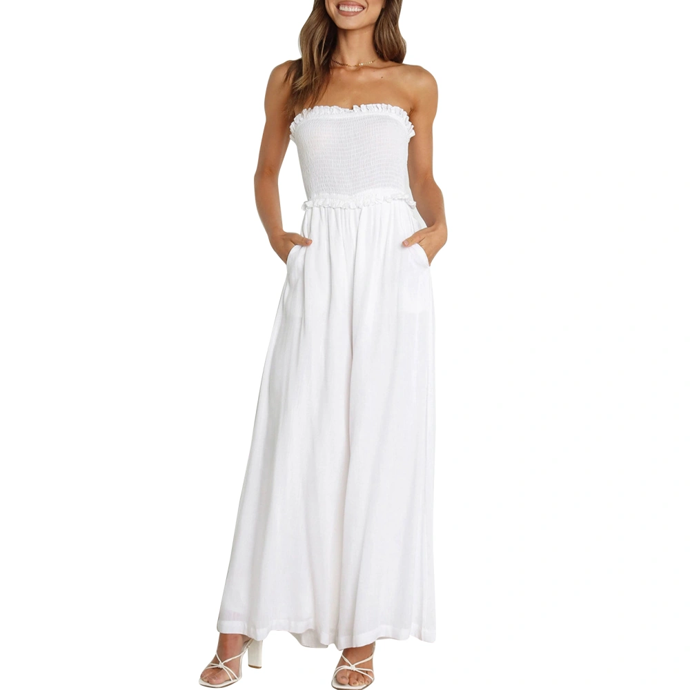 Off Shoulder Jumpsuit Strapless Waist Slimming High Waist Flounce Trim Pocket Wide Leg Long Pants for Women White M