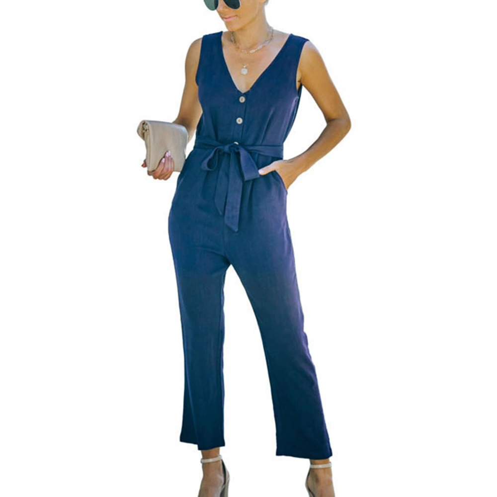 Women Deep V Neck Button Belted Jumpsuit Pure Color Fashionable Slimming Women Sleeveless Jumpsuit for Summer Dark Blue XL