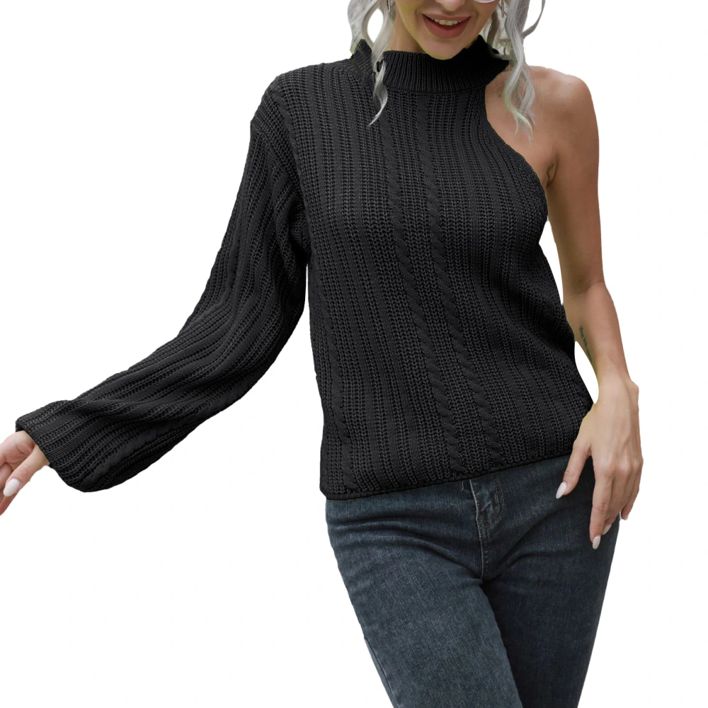 Women One Shoulder Sweater Crewneck Solid Color Casual One Shoulder Long Lantern Sleeve Knit Sweater Top Black M