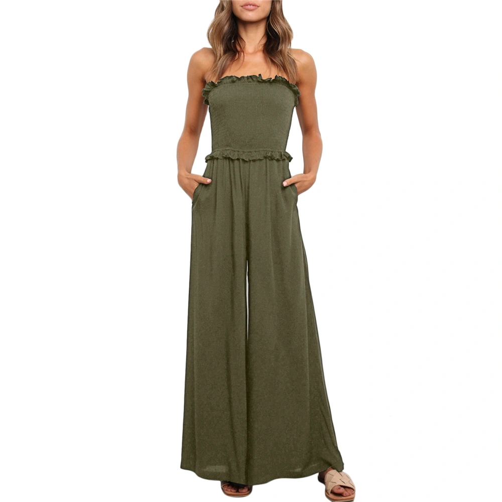 Off Shoulder Jumpsuit Strapless Waist Slimming High Waist Flounce Trim Pocket Wide Leg Long Pants for Women Green XL