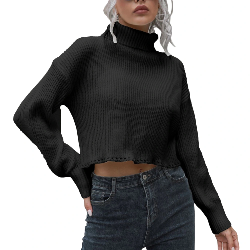 Short Sweater High Collar Long Sleeve Pure Color Comfortable Casual Knitted Sweater for Women Black S