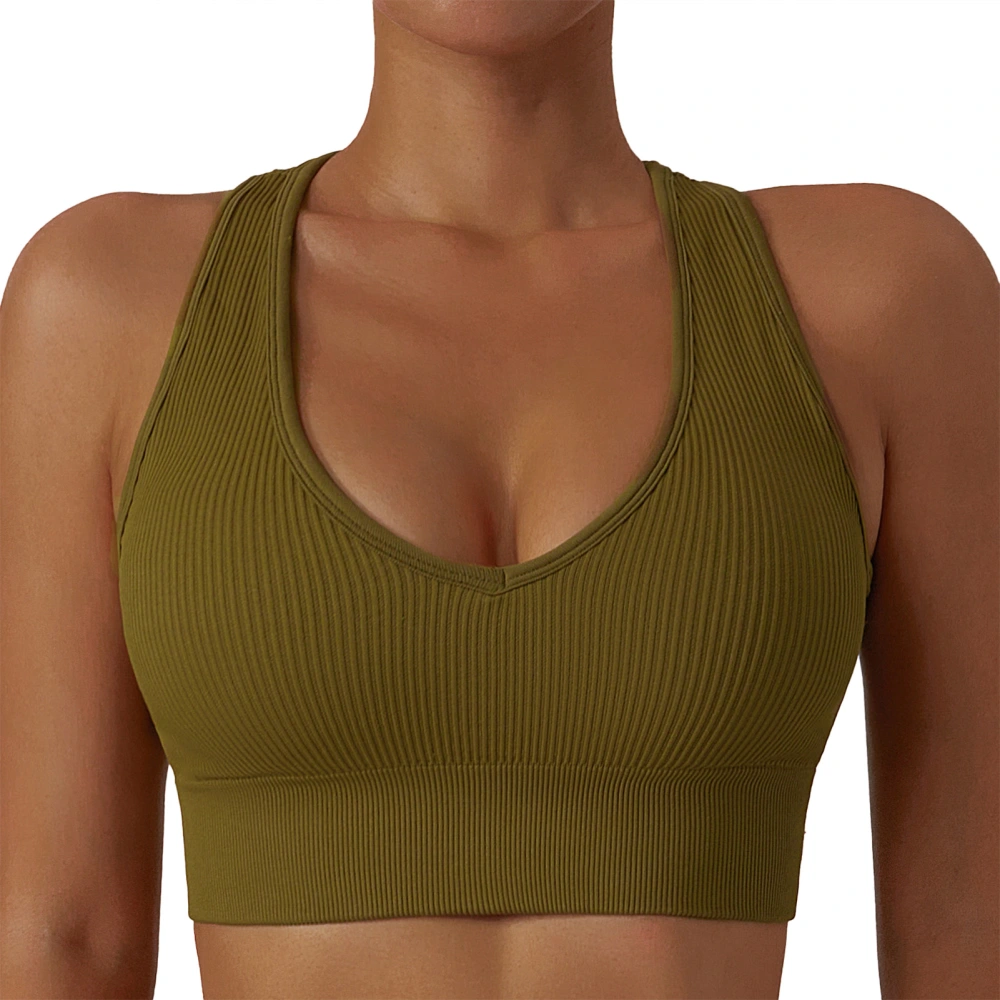 Sports Bra U Neck Push Up Breathable Seamless Sweat Absorbing Impact Resistant Athletic Top Olive Green L