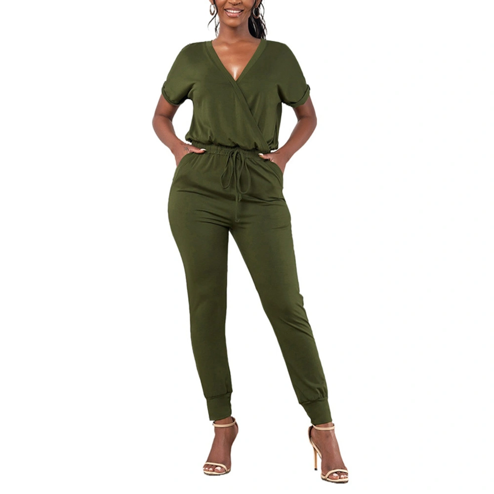 Women V Neck Romper with Waist Drawstring Short Sleeve Long Pants Jumpsuits for Indoor and Outdoor Green XL