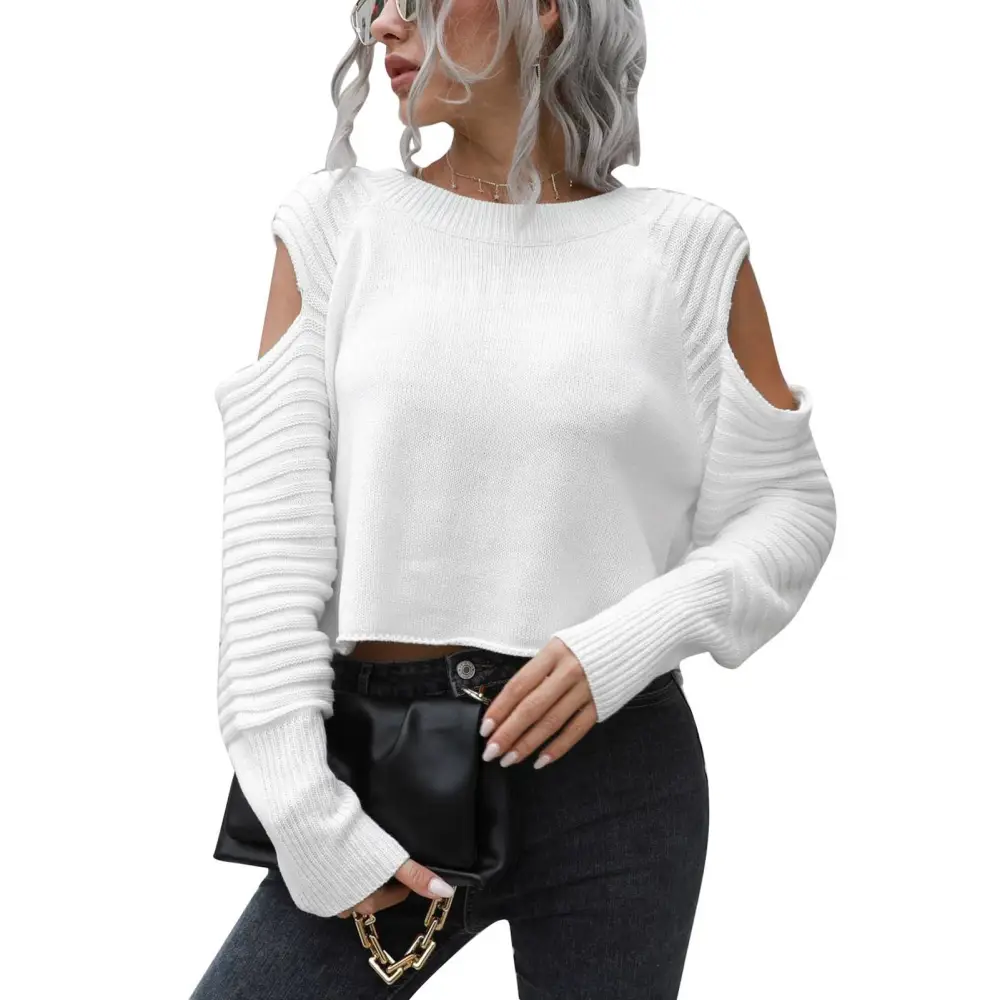 Autumn Winter Off Shoulder Short Sweater Women Long Sleeve Casual Pullover Knitted Sweater White M