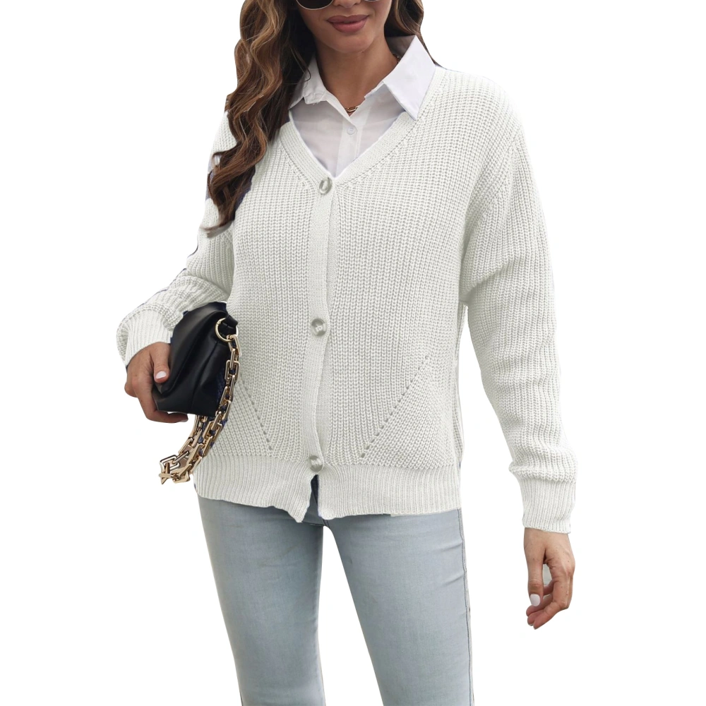 Knitting Cardigan Long Sleeve Pure Color Button Casual Fashionable Knitwear for Women White S